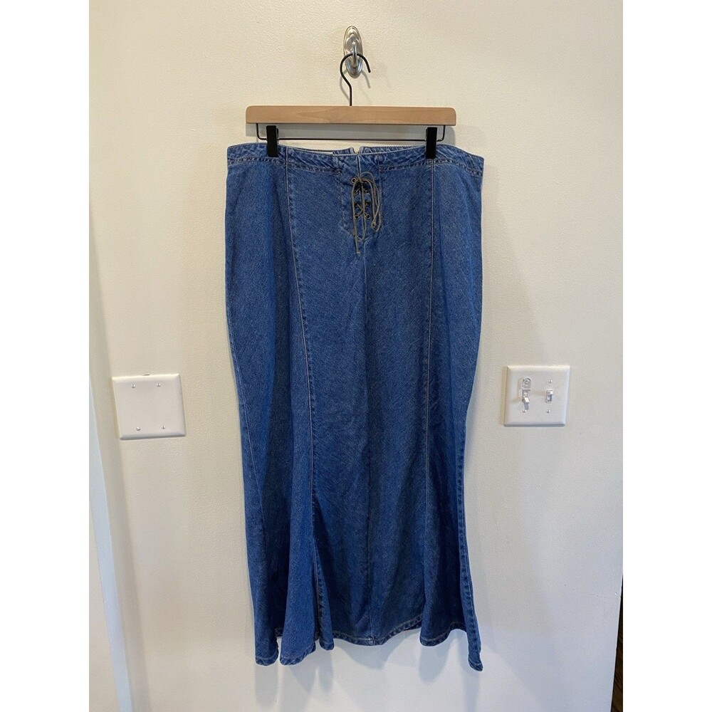 Vintage Y2K Faded Glory Lace Up Mermaid Denim Maxi Skirt Size 14 boho cowgirl